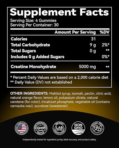 Inner Brightness Creatine Monohydrate Gummies for Men & Women 5000 mg, 3rd Party Tested, Creatine Chews for Muscle Growth, Strength & Energy Support, Sugar Free, Vegan, 120 Count, Orange Lemon