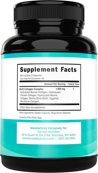 Multi Collagen Pills for Women & Men (120 Capsules) Type I, II, III, V and X - Pure Hydrolyzed Collagen Peptides Supplement - Hair, Skin, Nails & Joint Support - 3rd Party Tested, Non GMO & USA Made