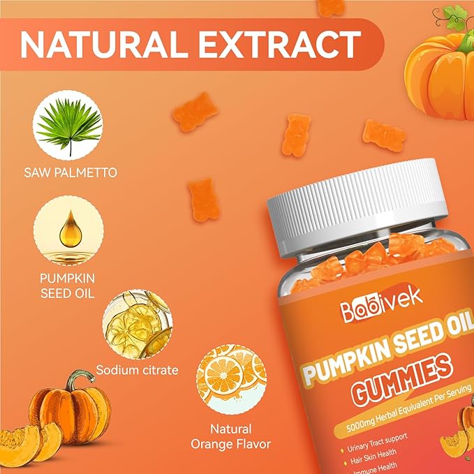 Sugar Free Pumpkin Seed Oil Gummies - 5000mg Per Serving with Saw Palmetto, Organic Pumpkin Seed Oil Supplement for Hair Growth & Skin Health, High Extract for Women and Men, 60 Count