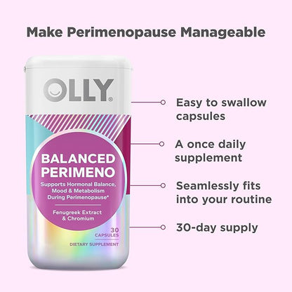 OLLY Balanced Perimeno Capsules, Supports Hormonal Balance, Mood & Metabolism During Perimenopause,* Fenugreek Extract, Chromium, 30 Day Supply - 30 Count
