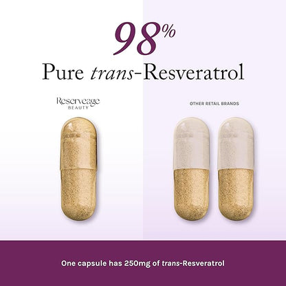Reserveage Beauty Resveratrol 250 mg - Best Trans-Resveratrol - Vegan Antioxidant Supplement for Cellular & Heart Health - Aids Healthy Aging & Immune Health - 30 Vegetable Capsules (30 Servings)