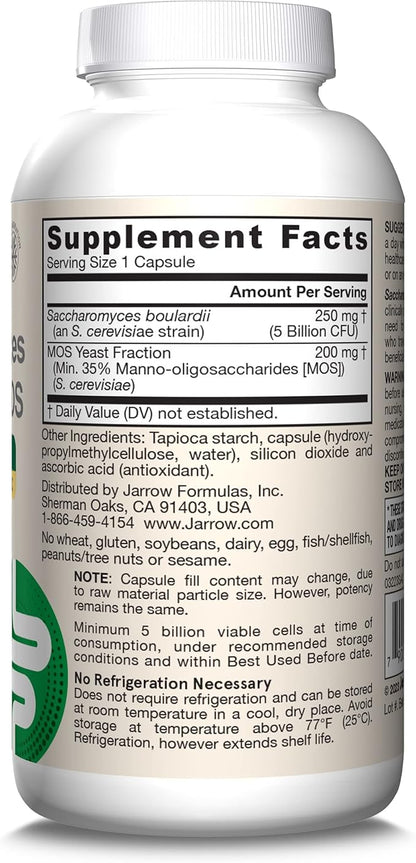 Jarrow Formulas Saccharomyces Boulardii + MOS Probiotics for Digestive Health and Intestinal Tract Support - 5 Billion CFU Per Serving - 90 Delayed Release Caps - Probiotic + Prebiotic - 90 Servings