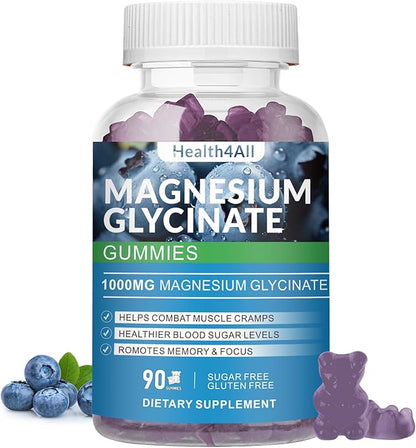Magnesium Glycinate Gummies 1000mg, High Absorption Sugar Free Magnesium Potassium Supplement for Relaxation, Stress Relief, and Sleep Support for Adults & Kids (Blueberry)