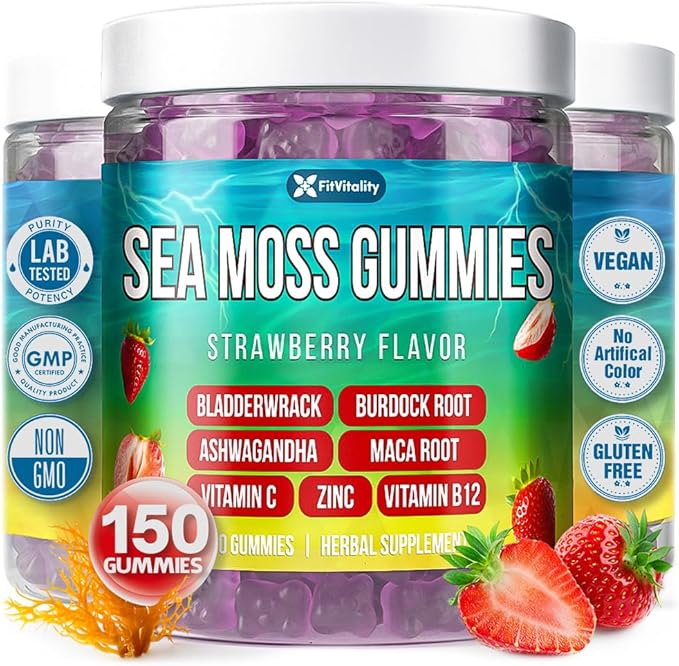 150 Sea Moss Gummies | 9-in-1 Formulation with Irish Sea Moss, Ashwagandha, Burdock, Elderberry, Bladderwrack, Maca, Zinc, B12 | Energy & Immune Support | Strawberry Flavor Vegan Gummies