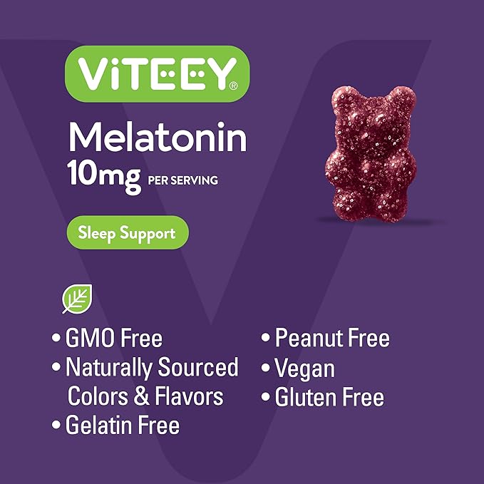 Viteey Melatonin Gummies 10mg - Sleep Gummies for Adults Extra Strength Melatonin - Vegan, GMO Free, Gluten Free - 60 Count