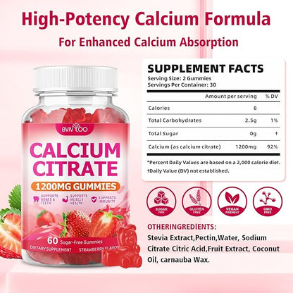 2 Packs High Absorption Calcium Citrate Gummies 1200mg - Bone & Teeth Support for Adults & Kids, Vegan Sugar-Free Gummies, Strawberry Flavor, 120 Count