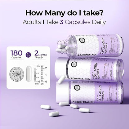 OxyEnergy Collagen Peptides Capsules for Women, 1100mg Hydrolyzed Collagen Tripeptides(Type III) Supplements with Biotin and Vitamin C, 180 Collagen Pills to Promotes Hair, Nail, Skin, 2 Months Supply