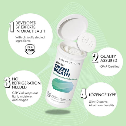 OraTicx Green Breath Oral Care Probiotics, Naturally Support Freshens Bad Breath & Healthy Mouth, Dental Probiotic Supplement 8 Billion CFU, Mint Flavor 30 Lozenges 1-PK