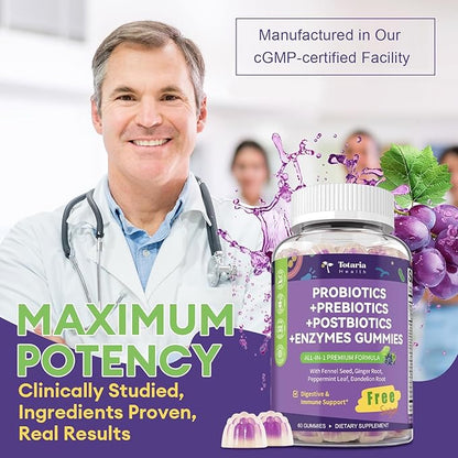 Totaria 2 PCS Sugar Free 5-in-1 Probiotic Prebiotic Postbiotic Gummy, 36 Strains Probiotics for Women Men with Digestive Enzymes, Peppermint, Complete Immune, Gut & Digestive Support, Grape Flavor