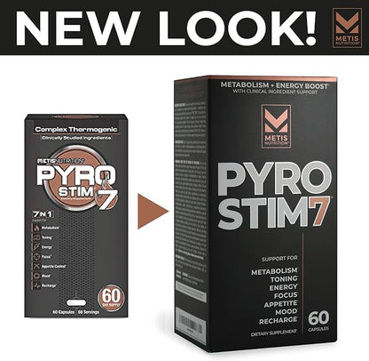 METISNutrition Pyro Stim 7 Metabolism Booster Fat Loss Support Energy Boost - Once-A-Day Thermogenic with Teacrine for Focus, Appetite Control, Muscle Toning, and Mood Control (60 Capsules)
