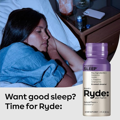 Ryde: SLEEP | 2oz Sleep Shot for Occasional Use | Melatonin, GABA, L-Theanine & Chamomile | Blackberry Natural Flavor | Sugar-Free, Zero Calories, Vegan | Manufactured in USA (24 Pack)