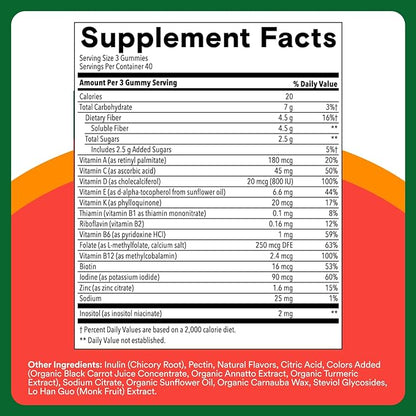 SmartyPants Kids Multivitamin & Fiber Gummies: Prebiotic Fiber to Support Kids Digestion with Vitamin D3, C, Vitamin B12, B6, A, Zinc, Biotin, Folate, Three Fruit Flavors, 120 Count (40 Day Supply)