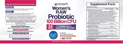 Wholesome Wellness Dr. Formulated Raw Probiotics for Women 100 Billion CFUs Capsules with Prebiotics, Digestive Enzymes, Approved for Adults, Shelf Stable Supplement
