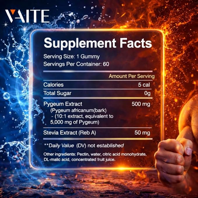 VAITE Pygeum Supplement Gummies 500mg - Vegan Chewables with Africanum Bark Extract, Plant-Based Supplements for Male, Non-GMO Gluten-Free, Sugar-Free, Gelatin-Free, 60 Chews Gummy