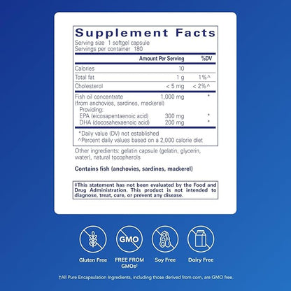 Pure Encapsulations EPA/DHA Essentials - Fish Oil Concentrate Supplement to Support Cardiovascular Health - Premium EPA & DHA Supplement with Omega 3 - 180 Softgel Capsules