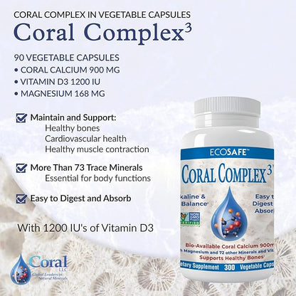 Coral Complex 3 Calcium Supplement Vitamin D3 & Magnesium – 900 mg Bioavailable Coral Calcium for Bone Strength, Joint Support & pH Balance – Trace Minerals, Non-GMO, 300 Veg Capsules
