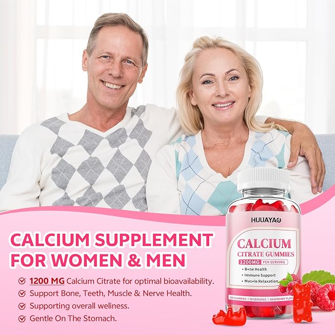 Calcium Citrate Gummies 1200mg for Adults & Kids, Chewable Calcium Citrate for Bone, Muscle & Immune Support, Bioavailable Calcium Supplements for Women & Men, Raspberry Flavor, 120 Count