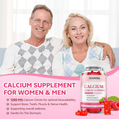 Calcium Citrate Gummies 1200mg for Adults & Kids, Chewable Calcium Citrate for Bone, Muscle & Immune Support, Bioavailable Calcium Supplements for Women & Men, Raspberry Flavor, 60 Count