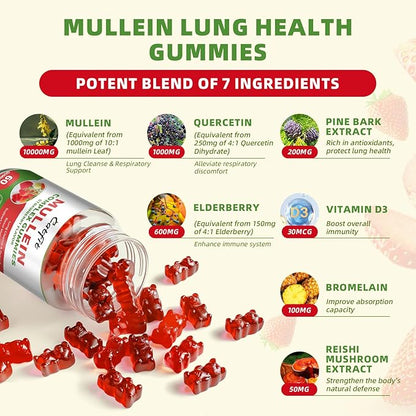 Catfit Mullein Gummies for Lungs Detox &Lymphatic Drainage,Mullein Leaf Extract,Quercetin&Elderberry for Respiratory & Immune Support,Vegan, Strawberry Flavor, 120 Gummies