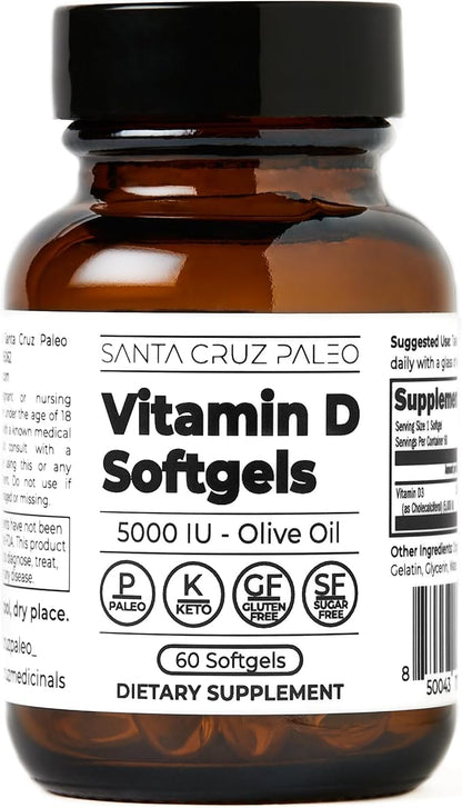 Santa Cruz Paleo Vitamin D3 5000 IU Softgels, Daily Supplement with Olive Oil for Men and Women, Formulated for Absorption, Supports Bone Health, Gluten Free, Sugar Free, Paleo, Keto, 60 Count