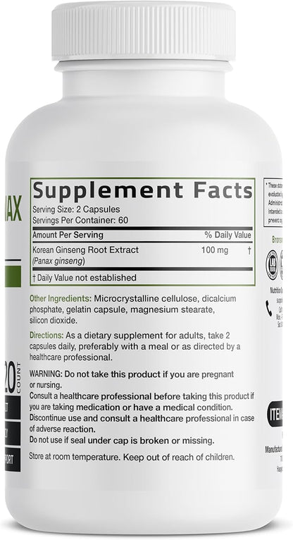 Bronson Korean Panax Ginseng Supports Energy, Endurance & Vitality + Memory and Mental Performance, 120 Capsules