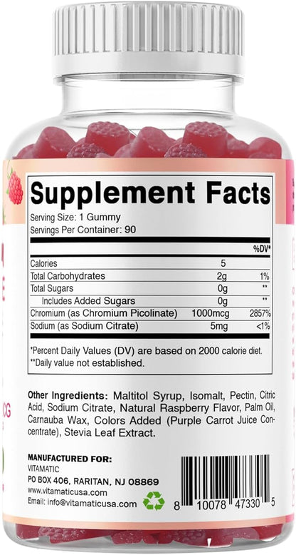 Vitamatic Chromium Picolinate 1000 mcg - 90 Gummies - High Potency Chromium - Raspberry Flavor