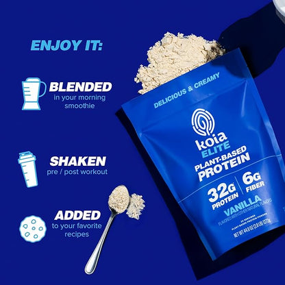Koia Plant Based Protein Elite Powder, Vanilla, 32g Protein, 4g Sugar, 6g Prebiotic Fiber, Pre & Post Workout, 21 Vitamins & Minerals, Dairy-Free, Gluten-Free, Non-GMO, 24 Servings, 44.8 Oz