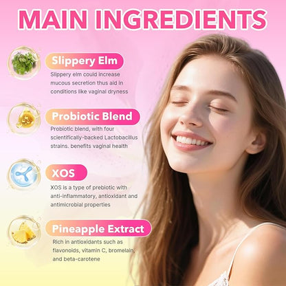 Her Juicy Feminine Probiotics Gummies - Women's Probiotic Slippery Elm Gummies Support pH Balance, Gut Health & Immune System, Sugar-Free, Pineapple Flavor, 60 Count