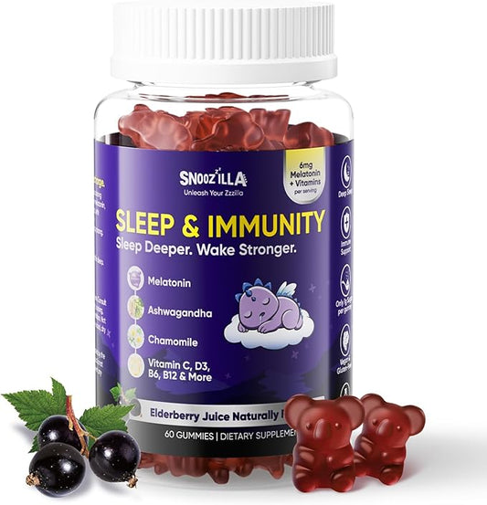 Sleep Gummies for Adults with Melatonin + Chamomile & Ashwagandha | Elderberry + Vitamins C, D3, B6, B12 & Folate | Vegan, Gluten-Free | 60 Gummies (30 Servings)