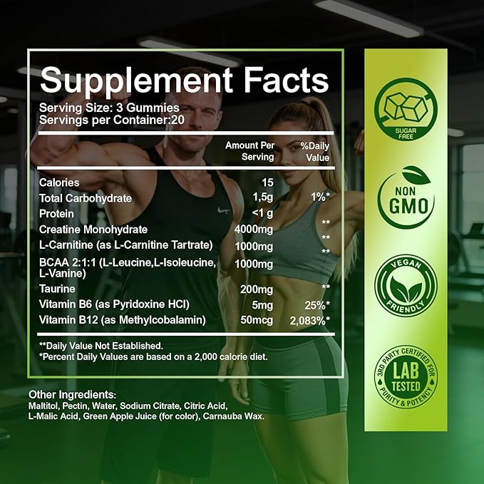 Creatine Monohydrate Gummies for Men & Women - 6205mg per Serving, Containing L-carnitine & Taurine, Post Workout Muscle Recovery, Strength & Energy Boost, Sugar Free & Vegan (60, Green Apple)