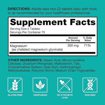 Qunol Magnesium Glycinate 300mg,100% Glycinate Chelated Magnesium Supplement,150ct Tablets,(Pack of 2)