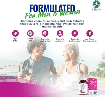 1 Body Hair Skin Nails Vitamin Complex with Biotin - Complete Formula with 26 Essential Vitamins for Men & Women - 3 Pack