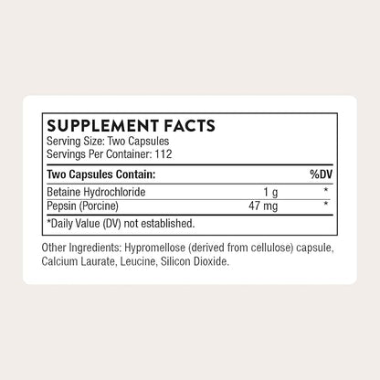 THORNE - Betaine HCL & Pepsin - Digestive Enzyme & Hydrochloric Acid Supplement for Protein Digestion & Occasional Gas or Bloating Relief* - Third-Party Certified - Gluten & Dairy-Free - 225 Capsules