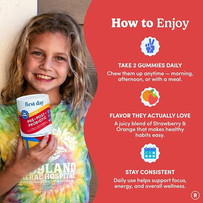 FIRST DAY Kids Probiotic Gummies - 3 in 1 Probiotics for Kids + Prebiotic & Postbiotic - Prebiotics & Probiotics for Digestive Health & Immune Support – Vegan, Gluten Free, 30-Day Supply