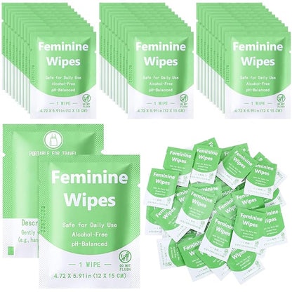 300 Pieces Feminine Wipes Individually Wrapped Women Travel Size Bulk Unscented Intimate Wipes Mild Private Parts Ph Balanced for Travel Bathroom Toilet Daily(Green)