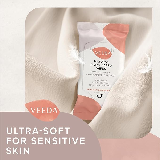Veeda Plant-Based Feminine Wipes – pH-Balanced, Hypoallergenic & Biodegradable Wipes for Sensitive Skin, Fragrance-Free Travel Sized Wipes – 20 Count