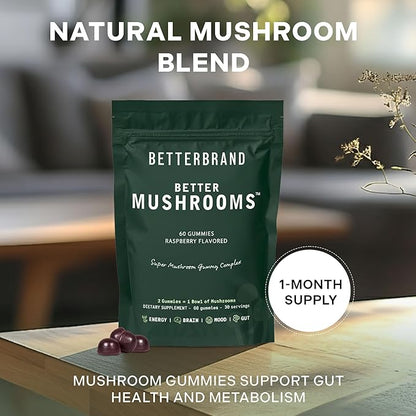 Betterbrand BetterMushrooms Nootropic Gummies - Supports Better Gut Health, Cognitive Function, Mental Clarity with 10 Functional Mushrooms - 60 Gummies - Raspberry Flavor - Pack of 1