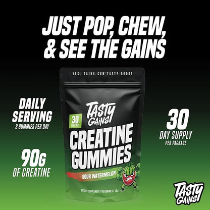 TASTY GAINS Creatine Gummies, 90g of Creatine, Non-GMO, Vegan - Build Muscle & Boost Strength for Men & Women (1g Creatine Monohydrate Per Gummy) Made in USA (90, Sour Watermelon)