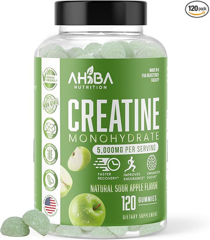 Creatine Monohydrate Gummies 5g per Serving, chewable, Vegan, Non-GMO, Sugar-Free, Soy-Free, Gluten-Free, Men & Women,More Strength & Recovery- Sour Apple Flavor, Made in USA