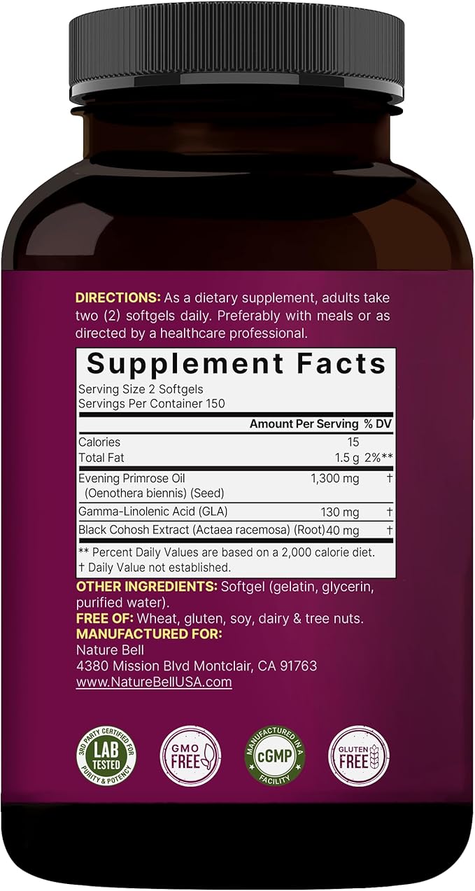 NatureBell Evening Primrose Oil with Black Cohosh, 1,300mg Per Serving, 300 Mini-Softgels | Cold Pressed Seeds, Retains 130mg GLA for Womens Health & Skin Care Support – Hexane Free, Non-GMO