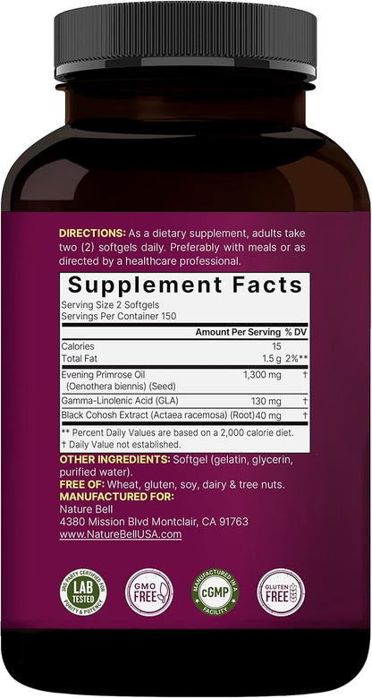 NatureBell Evening Primrose Oil with Black Cohosh, 1,300mg Per Serving, 300 Mini-Softgels | Cold Pressed Seeds, Retains 130mg GLA for Womens Health & Skin Care Support – Hexane Free, Non-GMO