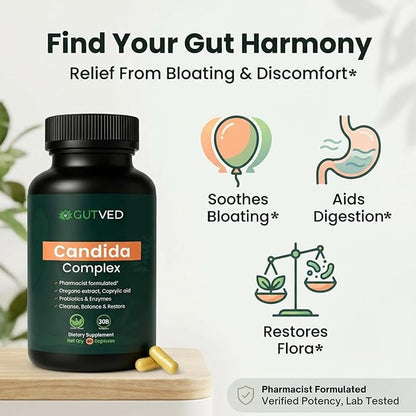 Candida Complex with Caprylic Acid for Men & Women – Anti Overgrowth, Balance and Restore Supplement for Yeast, Healthy Gut Flora & Skin with 30B/g Probiotic, Oregano, Senna - 1 Month Supply