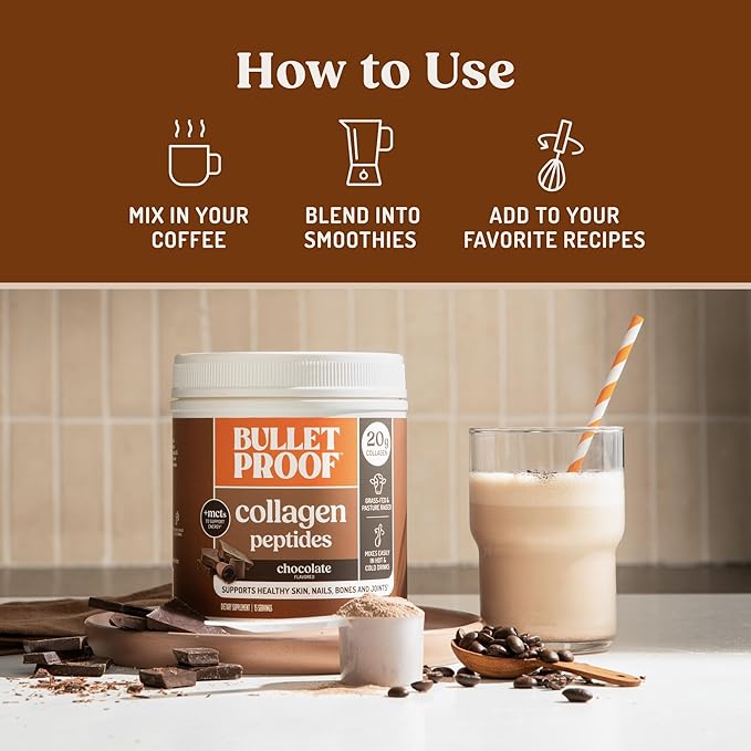 Bulletproof Chocolate Collagen Protein Powder with MCT Oil, 19g Protein, 17.6 Oz, Collagen Peptides and Amino Acids for Healthy Skin, Bones and Joints