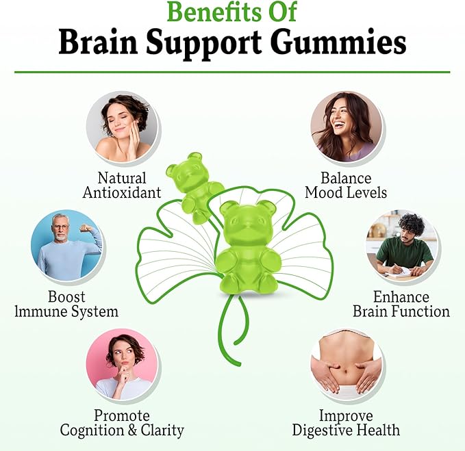 Ginkgo Biloba Gummies 240mg with Panax Ginseng for Better Mood and Focus, Booster Brain Health, 60 Vegan Apple Flavor Gummies