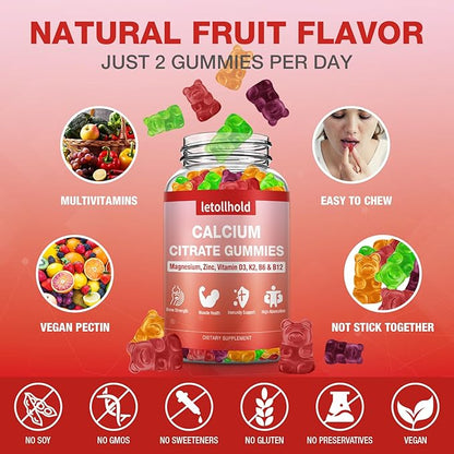 Calcium Citrate Gummies - 1200mg Calcium Gummies with Magnesium Zinc Vitamin D3,K2, B6, B12 for Bone, Muscle, Joints, Immune Support, High Absorption Calcium Supplements for Women & Men 2 Packs