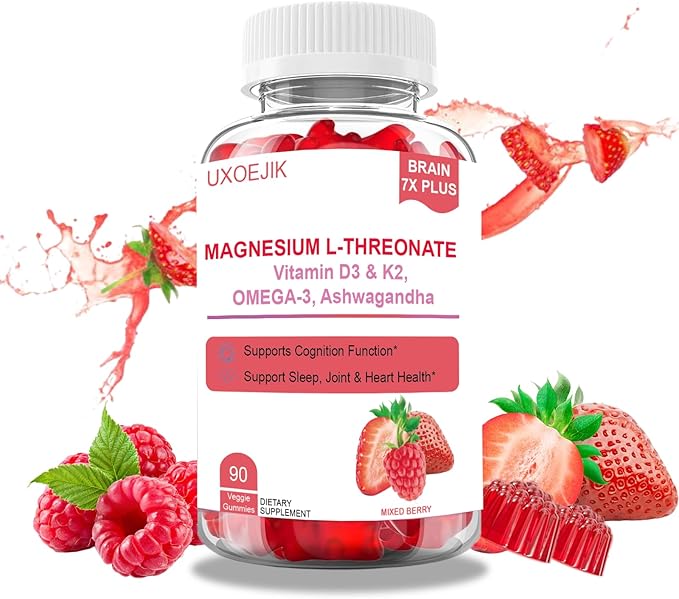 Magnesium L-Threonate Gummies - with Vitamin D, K2 & Omega-3 Fish Oil - Brain Health, Memory and Sleep Support - Vegan Non-GMO, Natural Berry Flavor (90)
