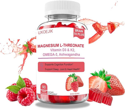 Magnesium L-Threonate Gummies - with Vitamin D, K2 & Omega-3 Fish Oil - Brain Health, Memory and Sleep Support - Vegan Non-GMO, Natural Berry Flavor (90)