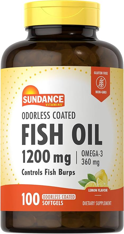 Sundance Odorless Fish Oil 1200mg | 100 Coated Softgels | Controls Fish Burps | Lemon Flavor | Non-GMO and Gluten Free Supplement