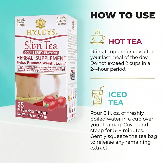 Hyleys Slim Tea Goji Berry Flavor - Weight Loss Herbal Supplement Cleanse and Detox - 25 Tea Bags (6 Pack)