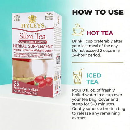 HYLEYS Slim Tea Goji Berry Flavor - Weight Loss Herbal Supplement Cleanse and Detox - 25 Tea Bags (1 Pack)